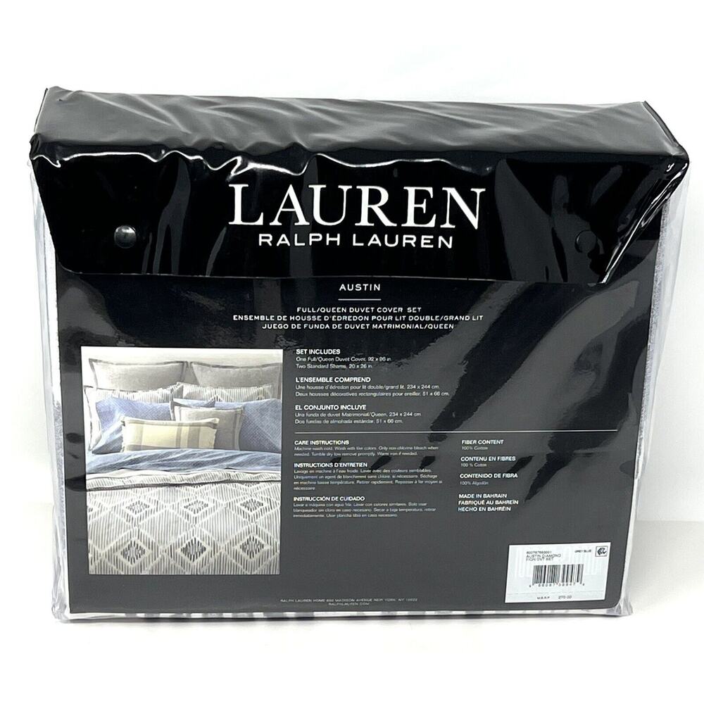 Ralph Lauren Austin Diamond Full Queen Duvet Cover + 2 Shams Grey Blue Set - Picture 6 of 10